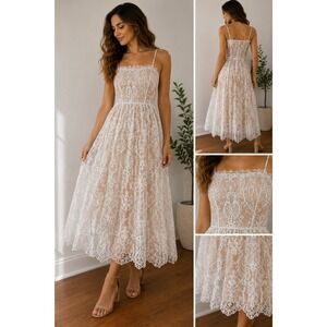 Luxedo White Lace Midi Dress Nude Lining Floral Embroidery Spaghetti Strap Small
